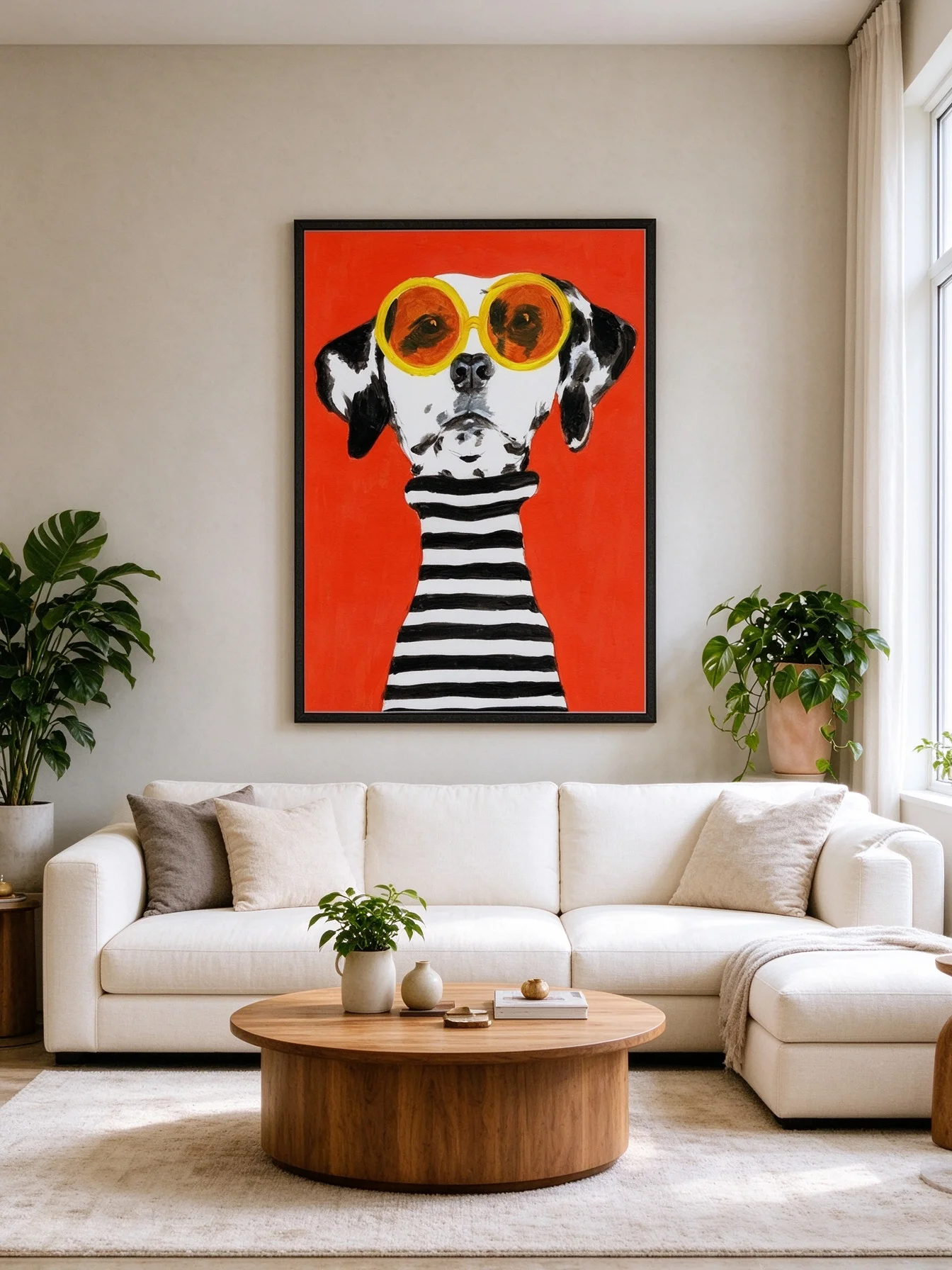 Fun Dalmatian Dog Wall Art, Spotted Puppy with Yellow Sunglasses Canvas, Bold Red Background Animal Decor