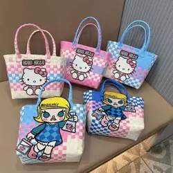 Miniso Hello Kitty Handbag Woven shopping bag Dopamine color matching Large Capacity Shoulder Bag 2024 August New