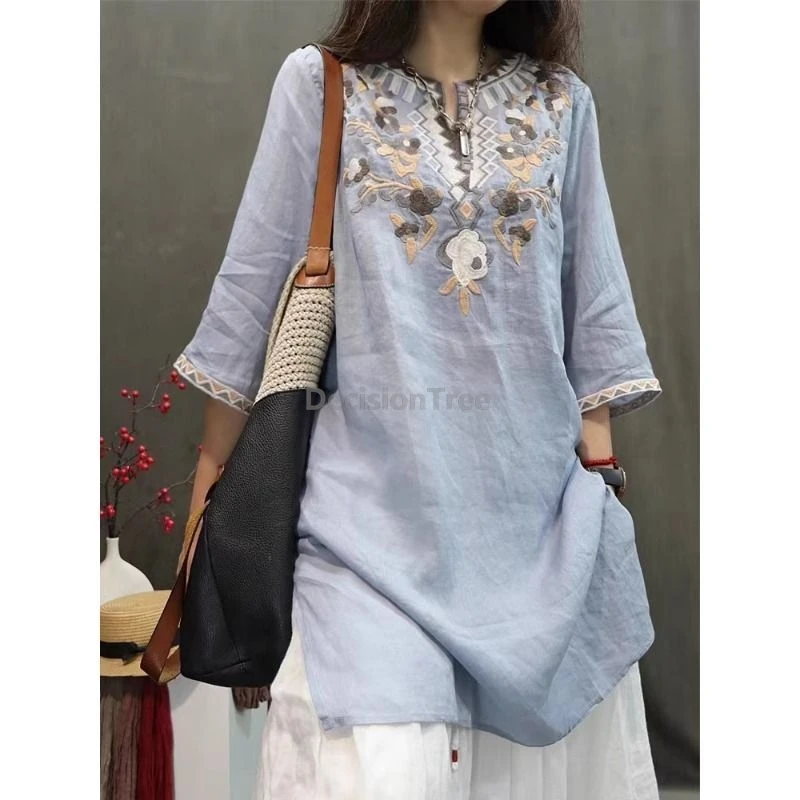 

Retro Summer Cotton Linen Embroidered Shirt Women Thin Loose Mid-Length Open Split Casual Chinese Style Commute Wind Shirt