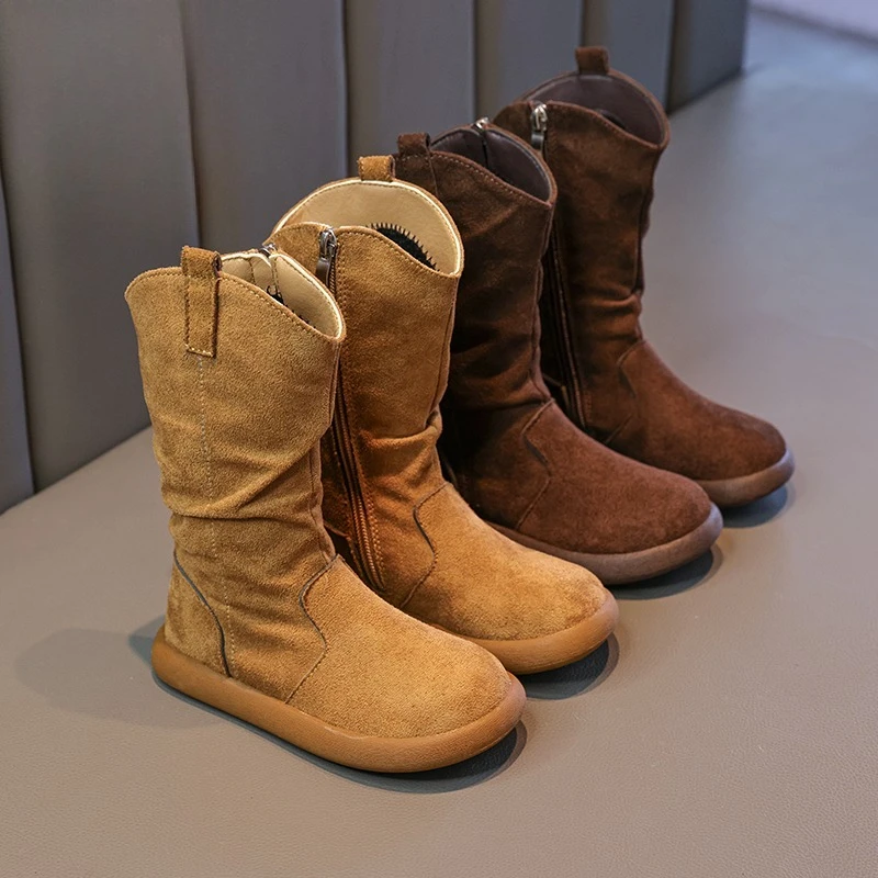 

Детские ботинки челси, новые зимние модные плюшевые ботинки для девочек, простые однотонные детские повседневные ботинки до середины икры, теплые ботинки на толстой подошве