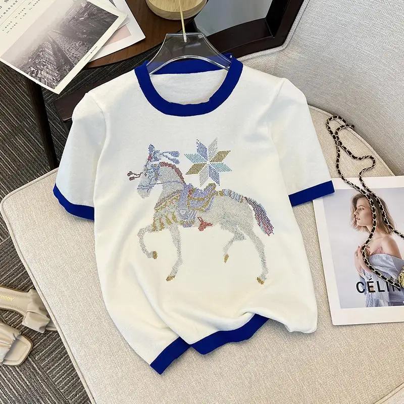 Women Stylish Casual Contrast Color Rhinestone Ice Silk Knitted T-shirt Summer Elegant Chic O Neck Short Sleeve Loose Basic Tops