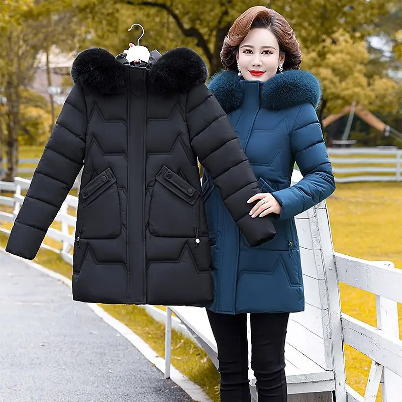 Women Parkas Basic Jackets Autumn Winter Faux Fur Collar Hooded Coat Cotton Clothes Winter Jacket Women Overcoat E3419