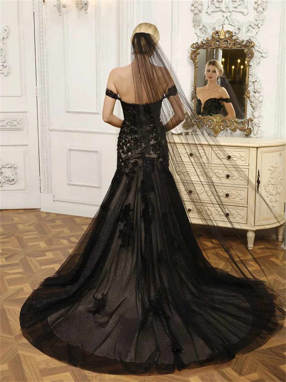 Shiyicey Elegant Black Tulle Mermaid Prom Gown Off The Shoulder Lace Applique Wedding Dress Tulle Bridal Evening Party Dress