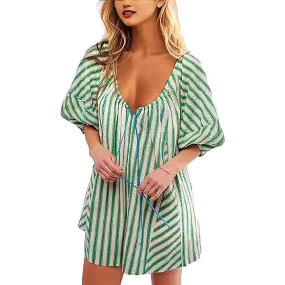 Stretchy Romper Stylish Striped Print Patchwork Romper Oversized Low-cut V Neck A-line Design for Women for Beach or Summer