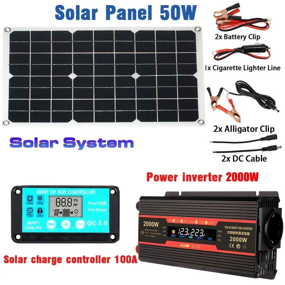 Solar Power Generation System 2000W Power Inverter with Smart LCD Display Dual USB 12V To 220V with 30/100A Solar Controller Set