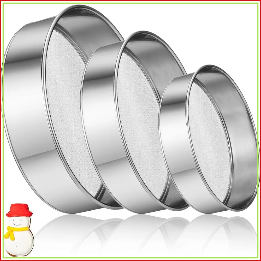 3 Pcs Stainless Steel Flour Sifter Sieve Fine Mesh 60 & 40 Mesh for Baking Cakes Pies Pastries Cupcakes (6, 7, 8 Inch)