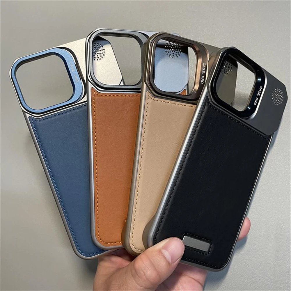Metal Lens Holder Frameless Leather Magnetic Case For iPhone 17 Air 16 pro max 15 14 Plus 13 12 MagSafe Wireless Charging Cover