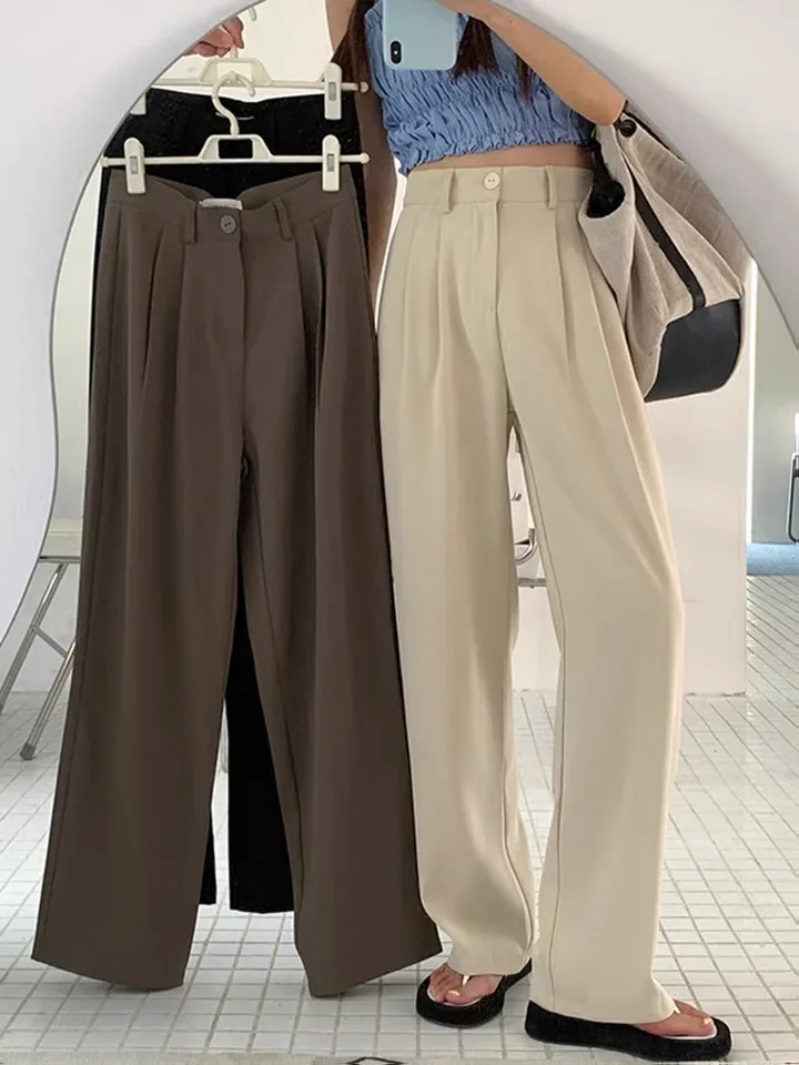 Elegante calça de cintura alta feminina, roupa de rua de pernas largas, solta, reta, casual, moda escritório, elegante, coreano, outono