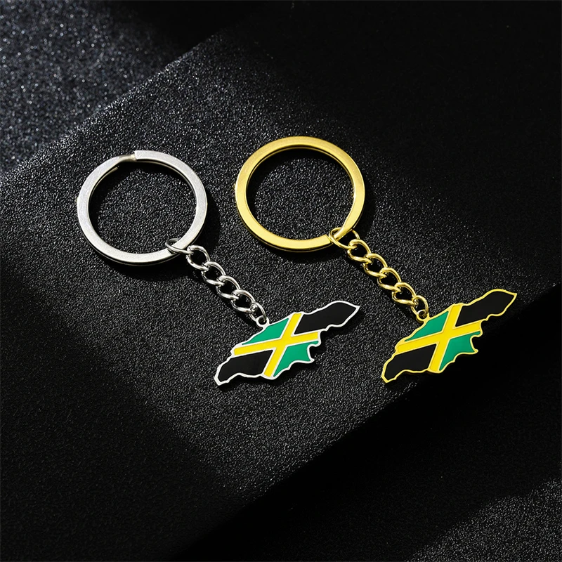 Fashion Jamaica Map Flag Keychain Stainless Steel Gold Silver Color Jamaican Outline Emblem Ethnic Patriotic Jewelry