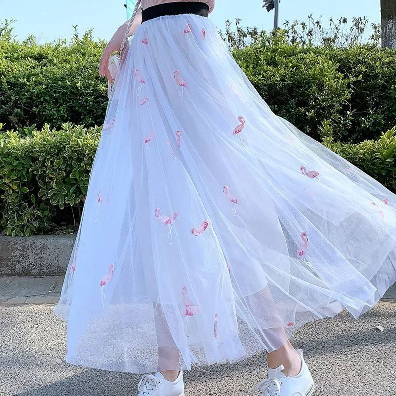 Women 2024 New Swan embroidery Mesh Skirts Princess Elastic High Waist Vintage Black Tulle Pleated Mid Long INS Skirts