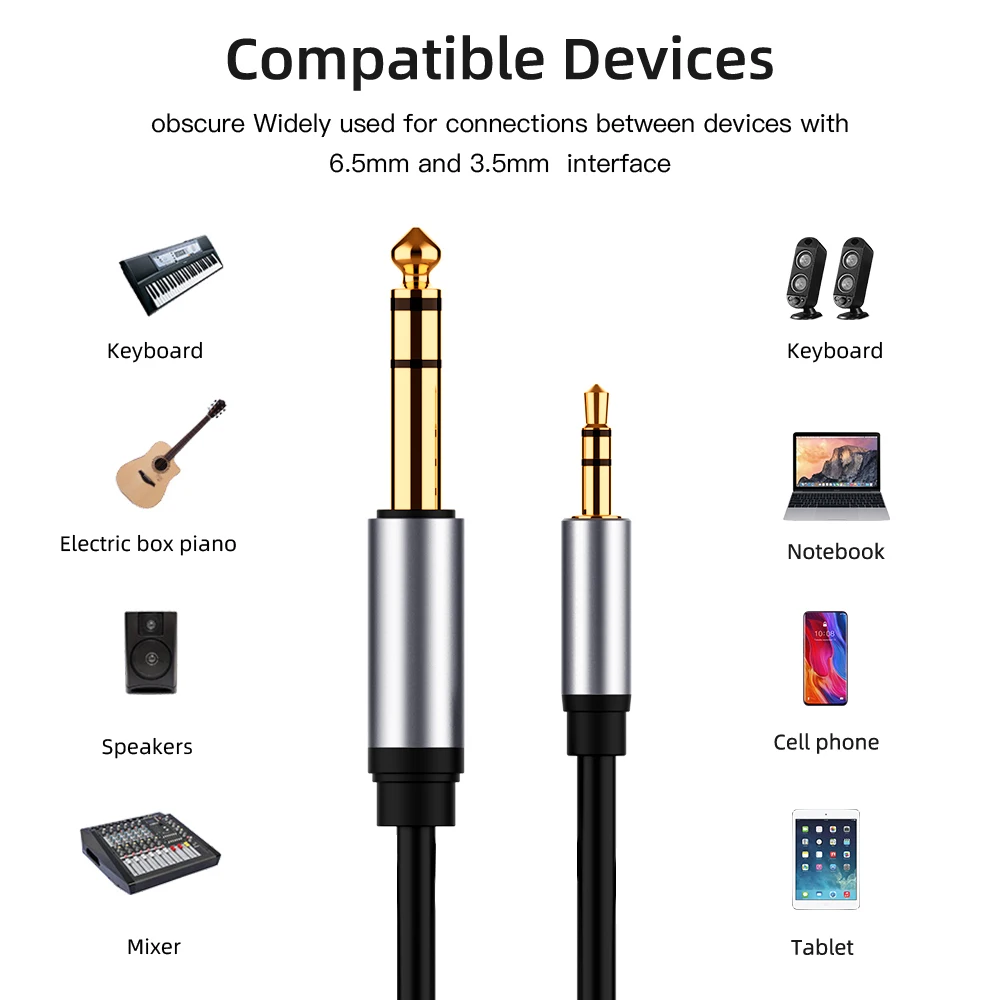 3.5mm 1/8 To 6.35mm 1/4 TRS Audio Line Gold Plated 6.5 To 3.5 Jack Adapter Aux Cable for Headset Guitar Amplifier Speaker Mixer