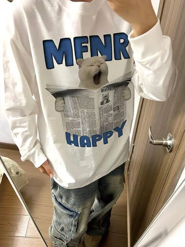 

plus Size American Casual Pure Cotton Fce Sweatirt Men's Spring Autumn Reading Newspaper Print Comfortable Long S...