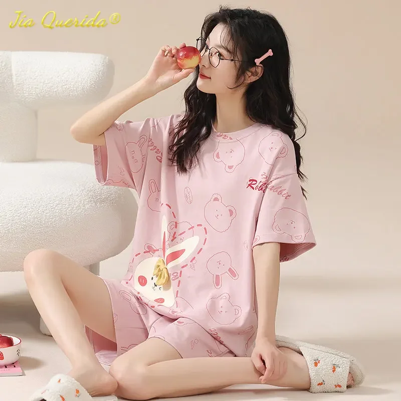 Kawaii Rabbit Print Women\'s Pajamas Set 100% Cotton High Quality Pijamas Short Sleeve Nightwear Fashion Lingerie Sleep Wear