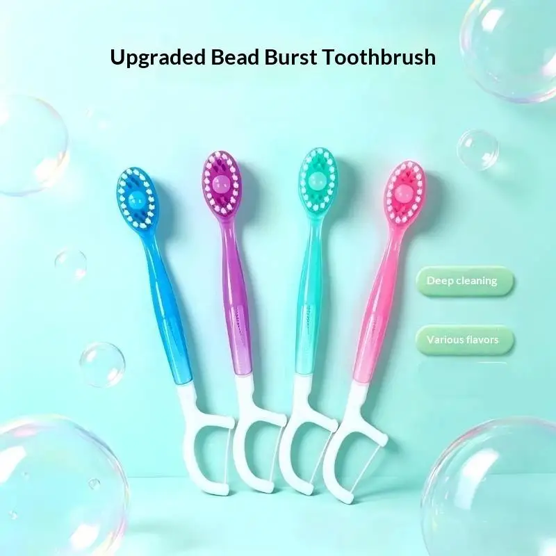 12Pcs Disposable 3-in-1 Oral Cleaning Toothbrushes with Burst Beads Floss Tongue Scraper for Gym Post-workout Oral Care