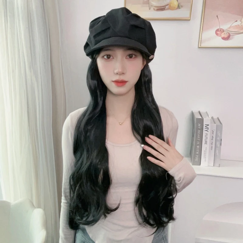 

Synthetic Long Wavy Beret Cap With Long Curly Hair Extension Hair Integrate Cap Hat For Women Girl Daily Hair Style Wig