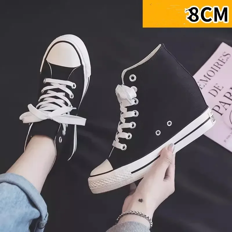 High 8cm Platform Canvas Shoes for Women Hidden Heels High Top Casual Shoes Fashion Designer Thick Sole Wedge Sneakers for Women - view 2