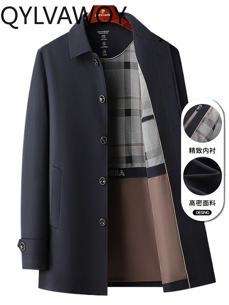 

QYLVAWOY Men's Mid-Length Lapel Trench Coat Middle-Aged Spring Autumn High-End Casual Civil Servant Jacket Outerwear LJ2239