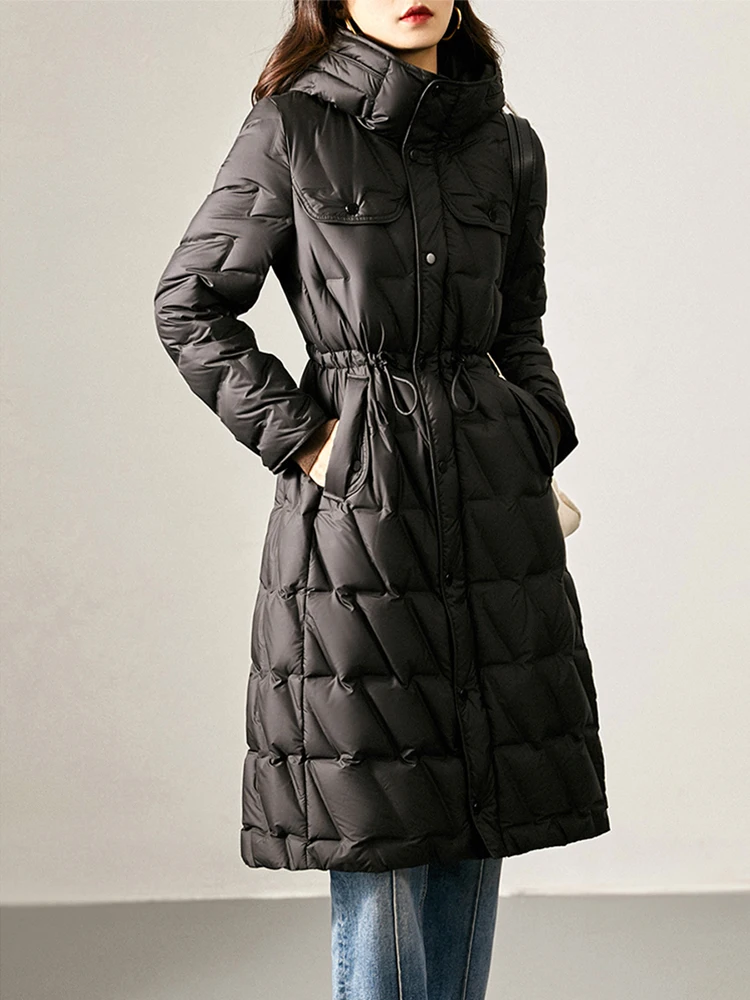 White Duck Down Jacket for Women, Long Coats, Monochromatic, Slim Hooded, Waist, Outdoor, Casual, Warm, Winter Clothing