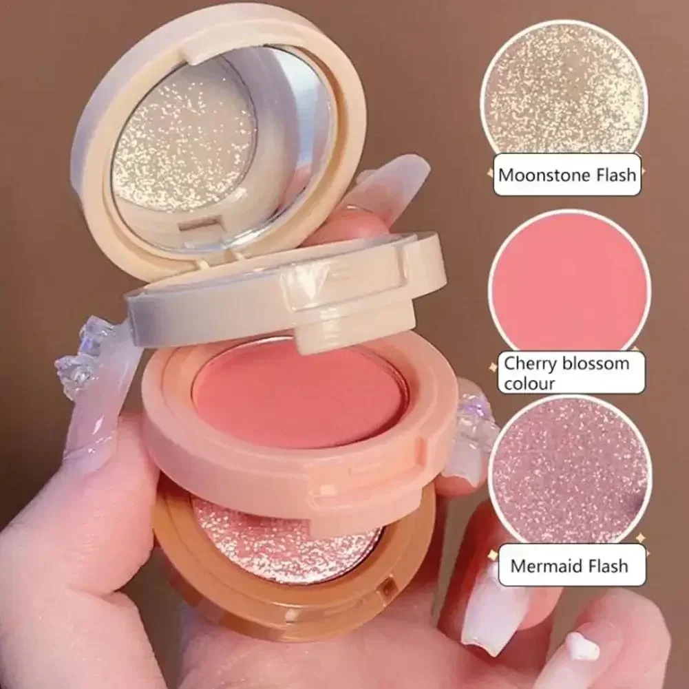 Zestaw różu i rozświetlaczy, 3 w 1 paleta prasowanego pudru do makijażu Shimmer Bronzer, pomarańczowo-różowy matowy róż do policzków Glow Face Palette