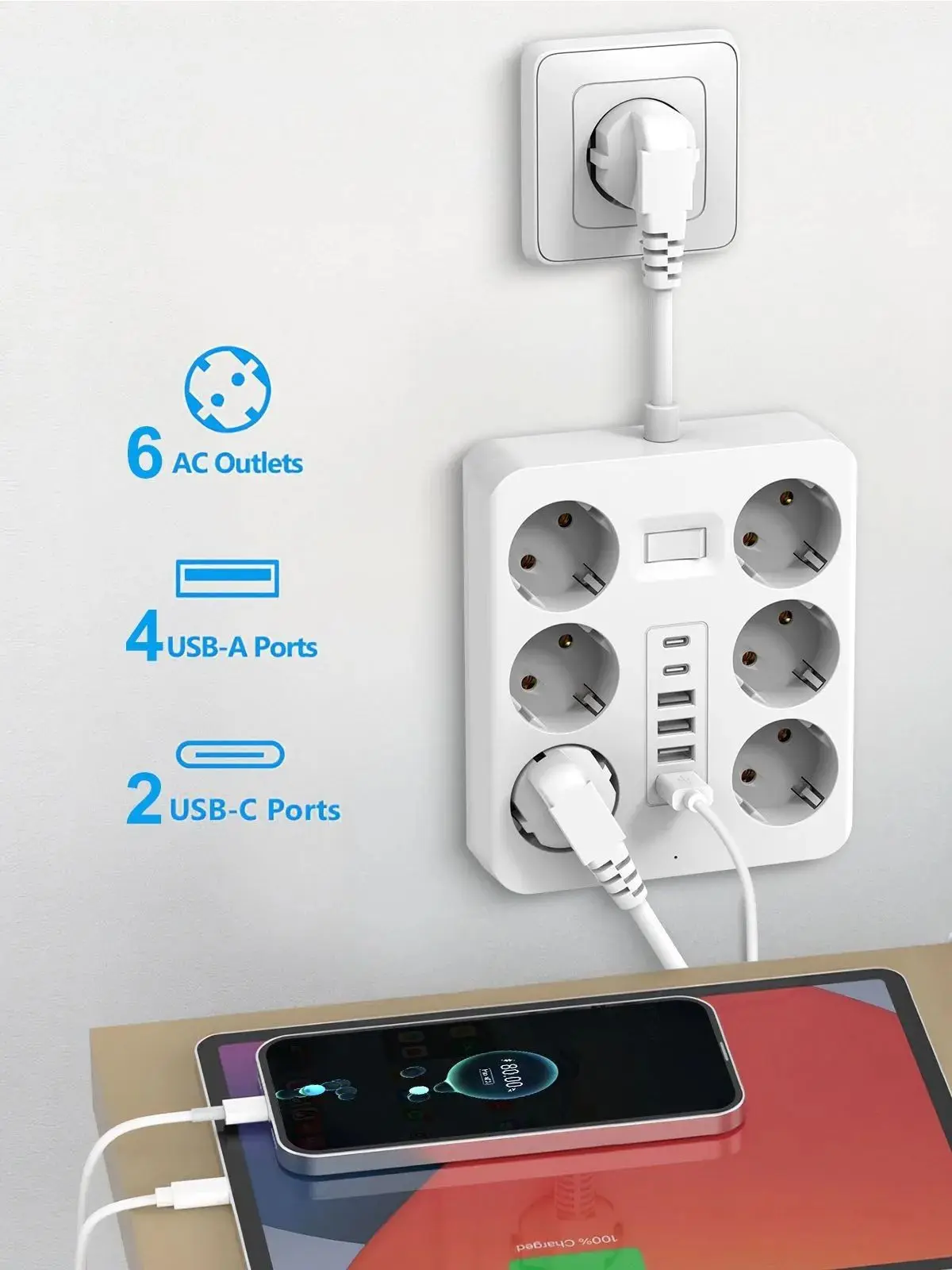 Przedłużacz do gniazdka z 6 gniazdami AC, 4 portami USB, 2 portami Type-C, wtyczka EU, ładowarka, przełącznik elektryczny do domu, listwa zasilająca. — 2