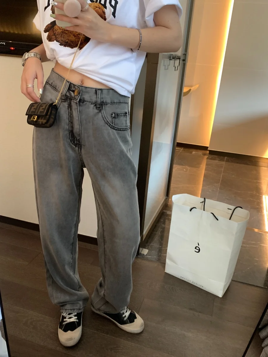 

Bling Bubble Simple High Waist Loose Straight Soft Denim Long Pants 2023 Women's Jeans High Waist Straight Leg Loose Fit