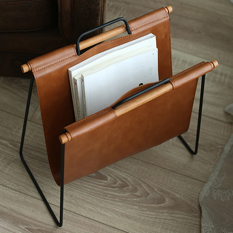 

Metal Iron Framed Solid Wood Pu Leather Decorative European Style Magazine Books Rack and Stand