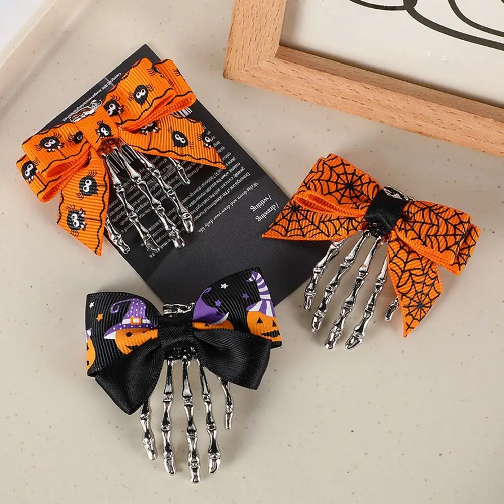 Retro Cloth Ghost Claw Hair Clip Headwear Hair Accessories Bow Knot Hair Clip Skeleton Halloween Hairpin Back Head