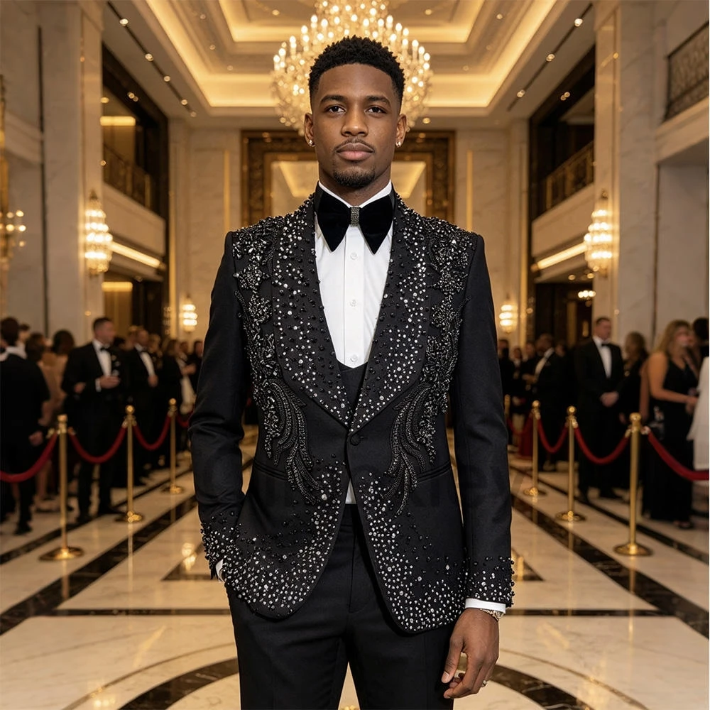 Olibexley Shiny Diamonds Men Suits Slim Fit Shawl Lapel Groom Wedding Tuxedos 3 Pieces Sets Male Prom Blazers Customized S481