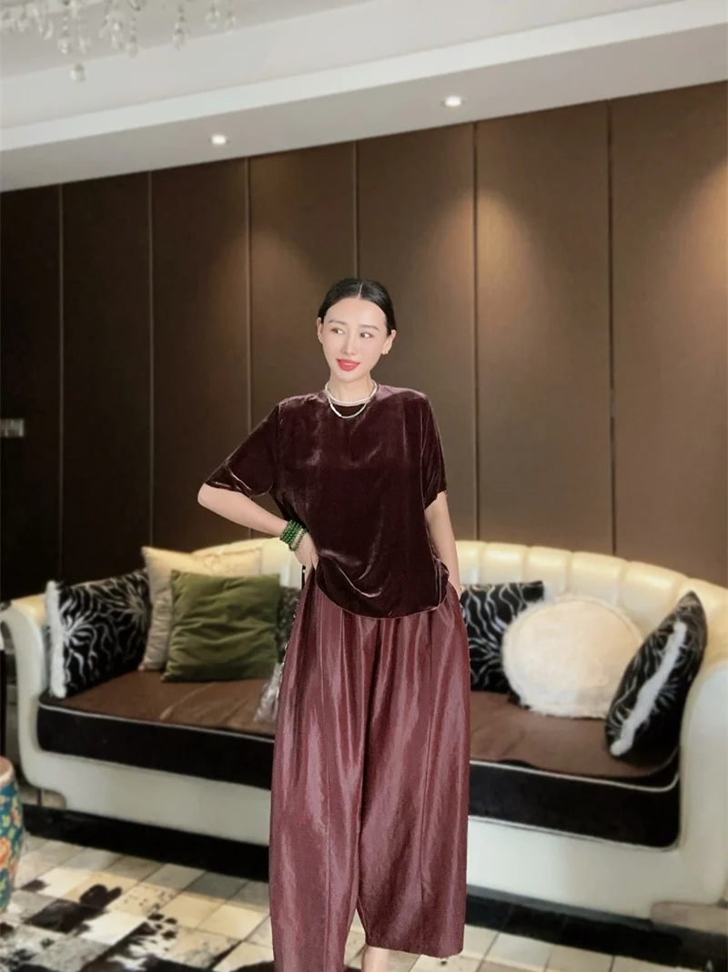 

Retro Silk Velvet Top Women's round Ne Comfortable ort Sve Simple Versatile Faionable Innerwear Chinese Brand Fanyoo