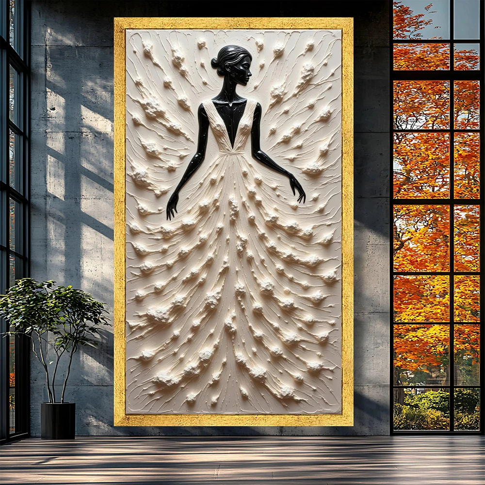 Elegant Woman Silhouette Canvas, Dress Wall Art, Modern Female Figure Canvas Print, Neutral Tones Home Decoration, No Frame