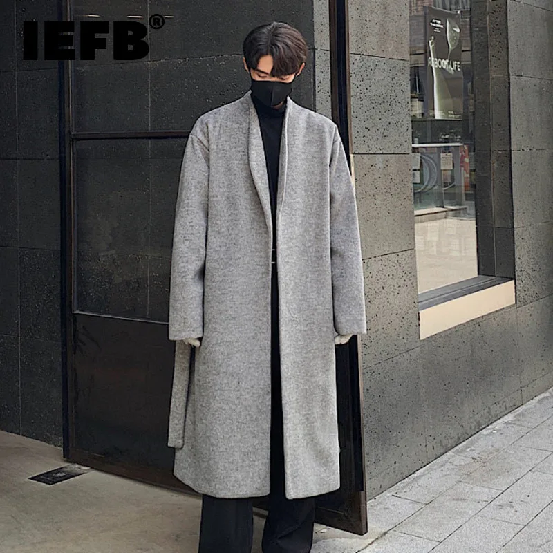 

IEFB Men's Woolen Coats Casual Solid Color Korean Style Belt Collarless Buttonless Long Thickened Male Trench New Autumn 9C7930