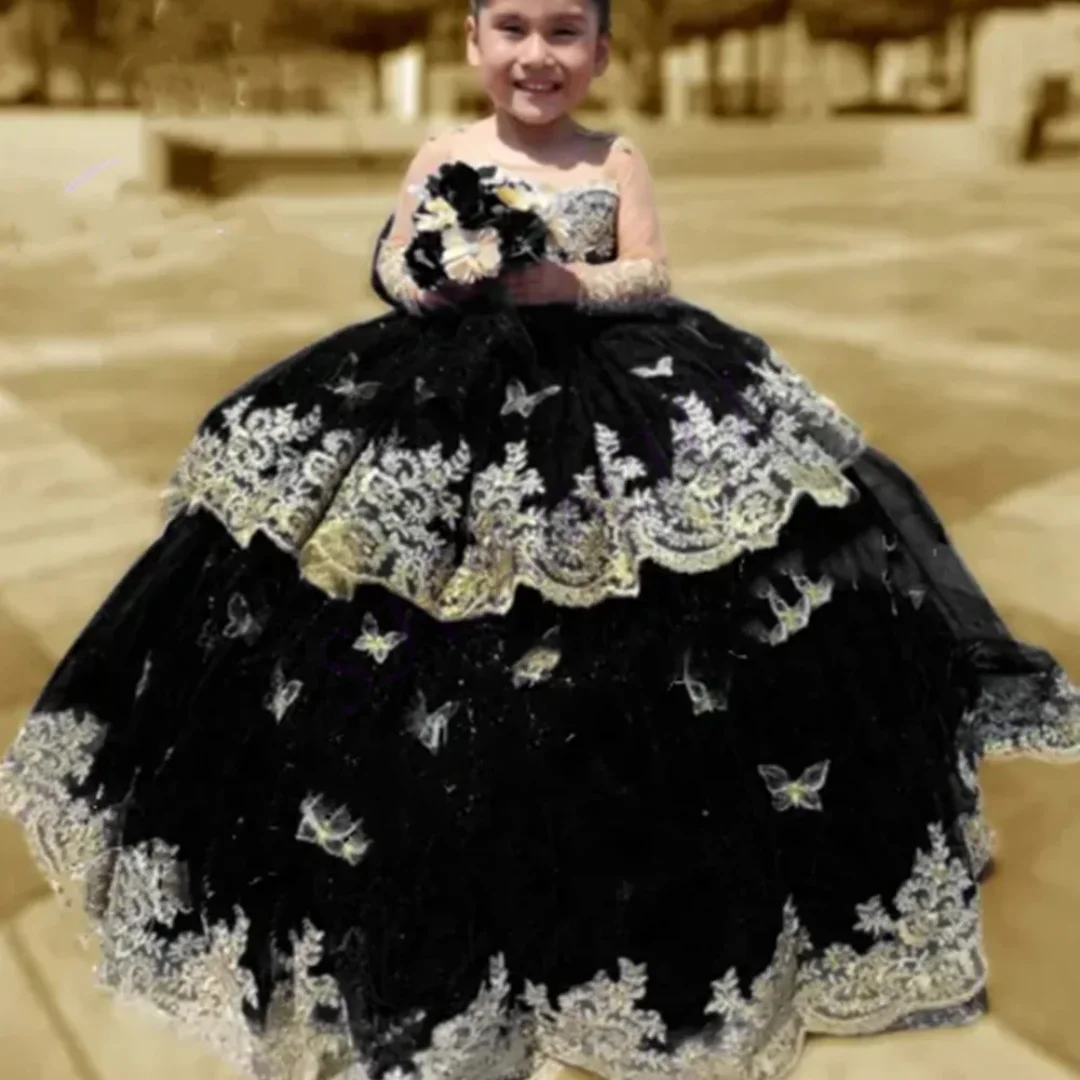 

Customized Royal Black Flower Girl Dresses For Wedding Gold Appliques With Bow Kids Birthday Party First Communion Pageant Gown