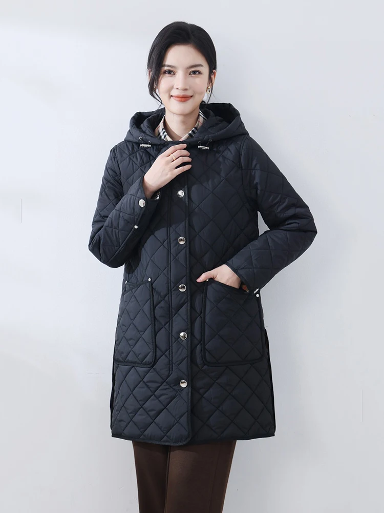 Autumn Winter Fashionable Warm Hooded British Style Pure Color Women's Mid-Length Knee-Over Cotton Jacket Coat BAOTEBERRY