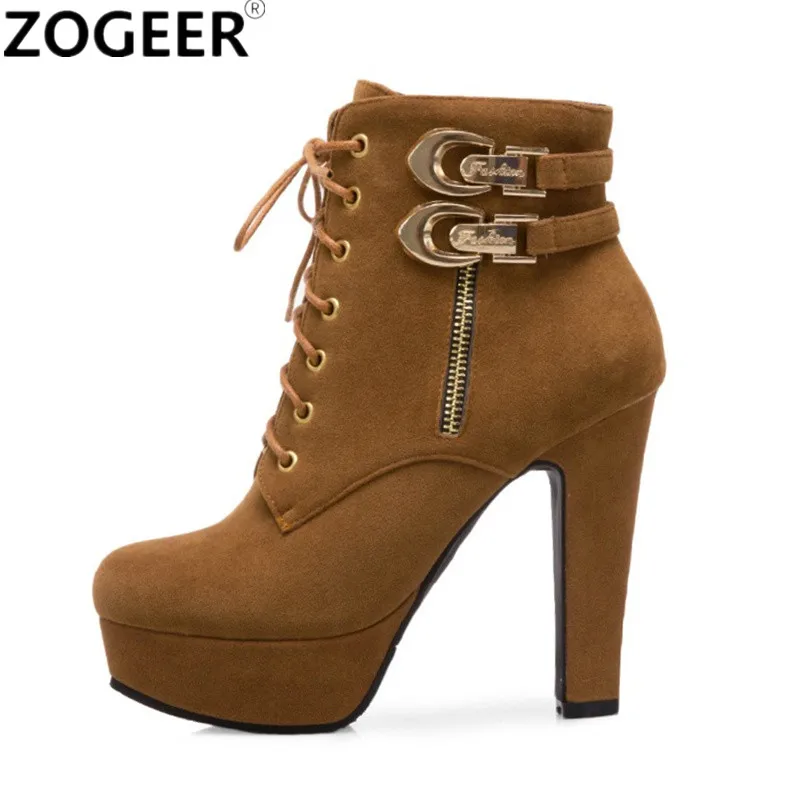 Fashion Women\'s Ankle Boots High Heeled Platform Short Boot Female Buckle Flock Zipper Gray Ladies Party Shoes Large Size 50