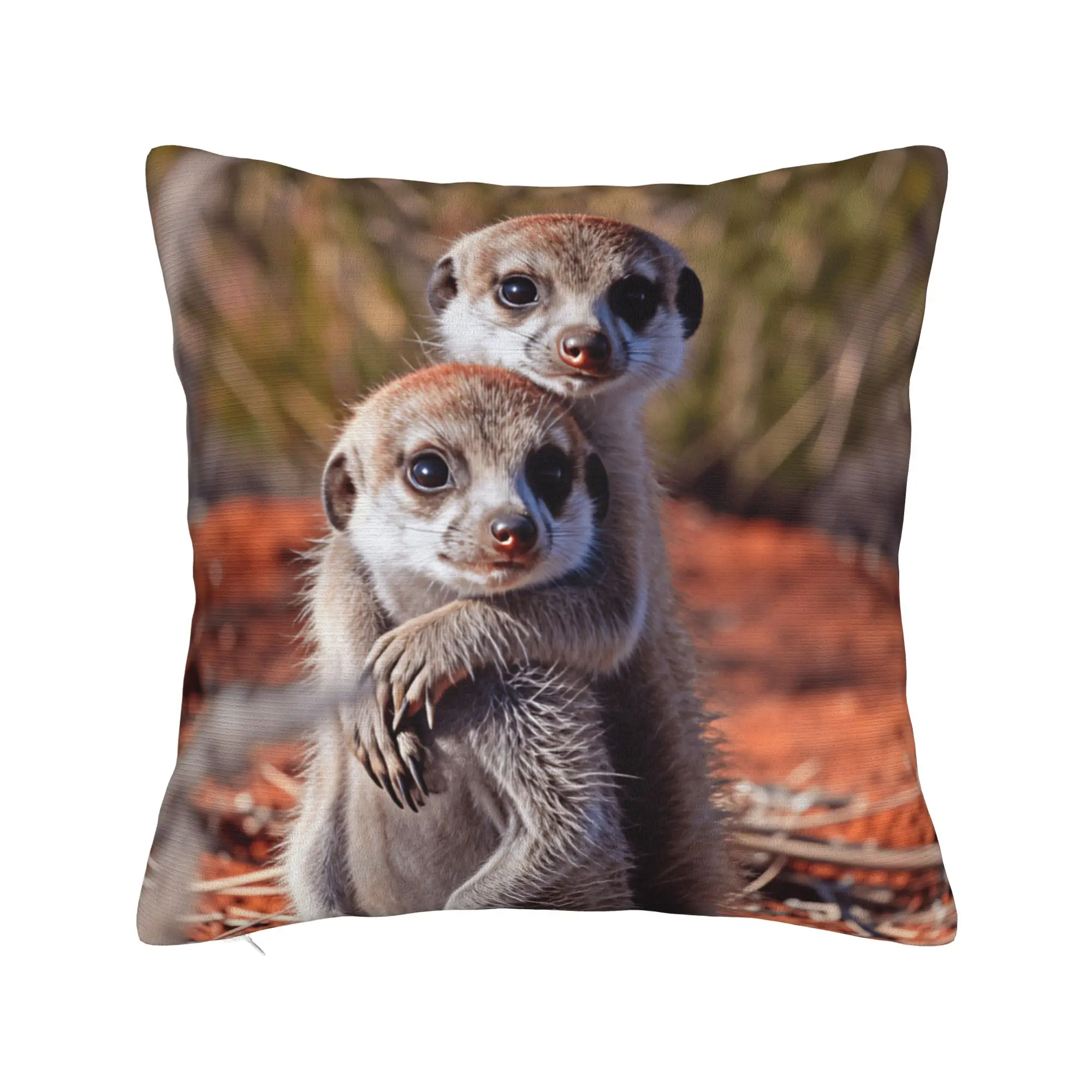 Two Baby Meerkats Hugging On Red Soil Pillowcases  Cute Funny Pillow Case For Sofa Home Decoration Soft Pillow Cover