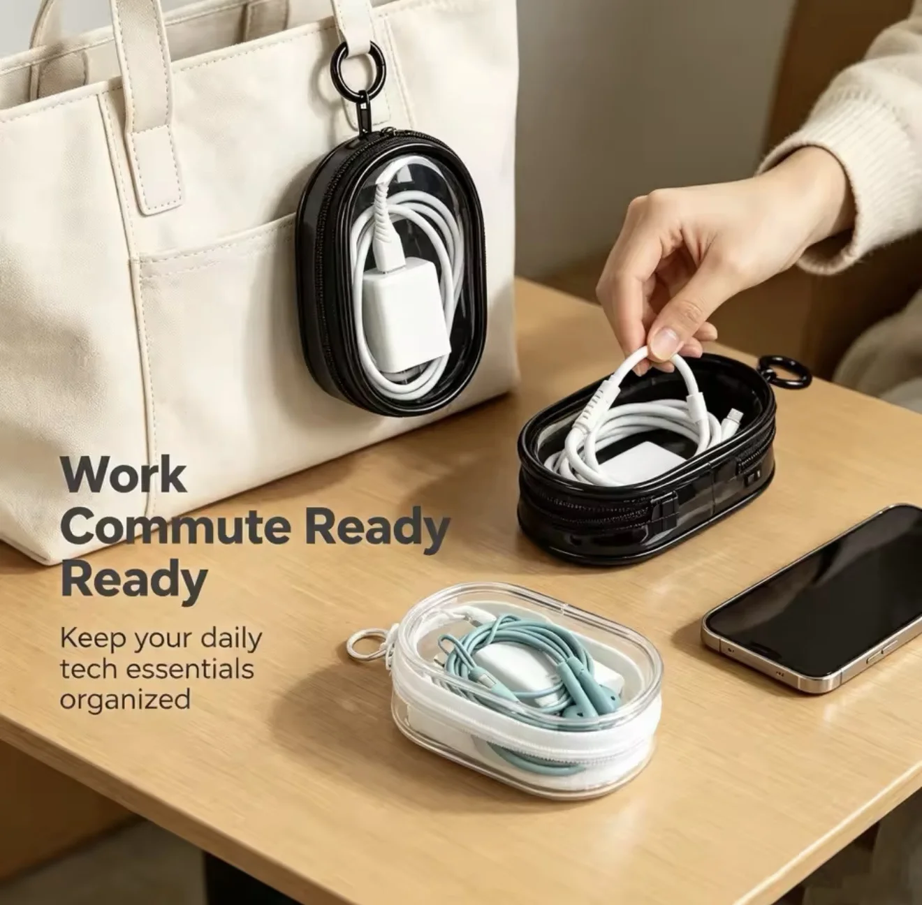 Portable Mini Transparent Storage Bag With Zipper Multifunctional Headphone And Charger Case Travel Accessories With Keychain