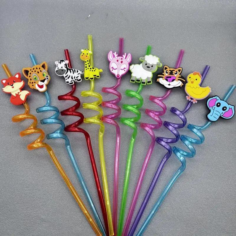 

10Pcs Jungle Animals Tail Flowing Sand Spiral Straw Hawaiian Beach Cocktail Decoration Supplies Party Reusable Straws Decoration