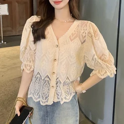 Women Sexy Hollow Lace Sweet Chic Button Up Shirt Female Stylish V Neck Short Sleeve Blouses 2024 Summer Vintage Solid Chic Tops