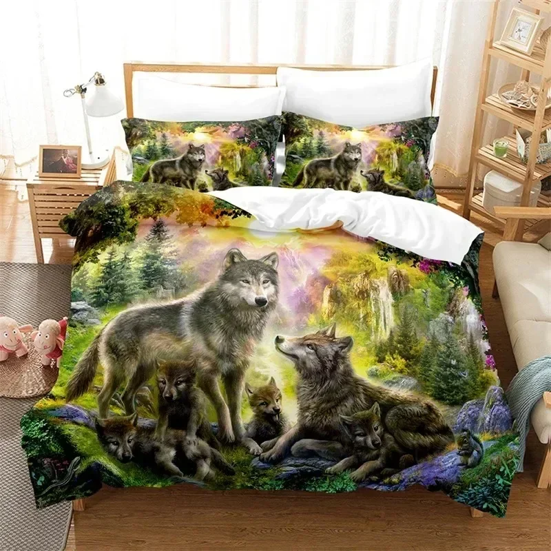 2026 3D Wild Animal Duvet Cover Moon And Wolf Bedding Set Microfiber Galaxy Comforter Cover King Full For Kids Teens Boys Room D
