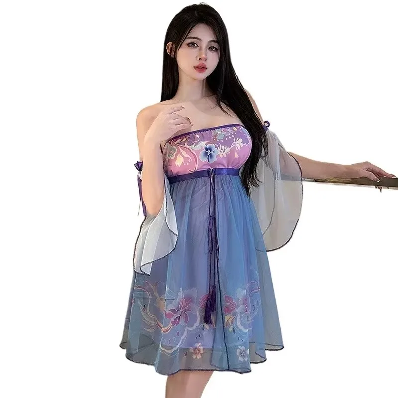 

Cute Women Sexy Lingerie Chinese Traditional Bathrobe Mesh Temptation Hanfu See Through Sleepwear Blossoms Long Robes Nightgown