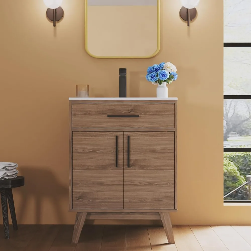 Bathroom Vanity with Sink Combo, Mid-Century Modern Small Single Bathroom Cabinet Set, Integrated Sink, Soft Closing Doors