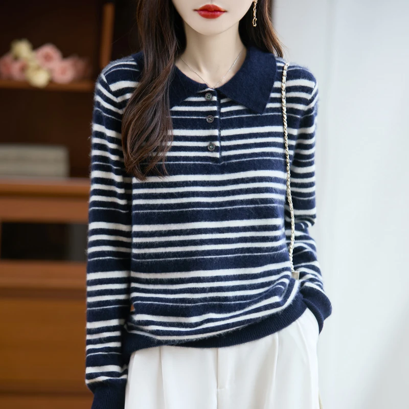 

Sweaters Woman Wool Pullover Winter Knit Stripe Top Zipper Half Open Collar Soft Loose Casual Fashion Knitted Knitwear Clothing