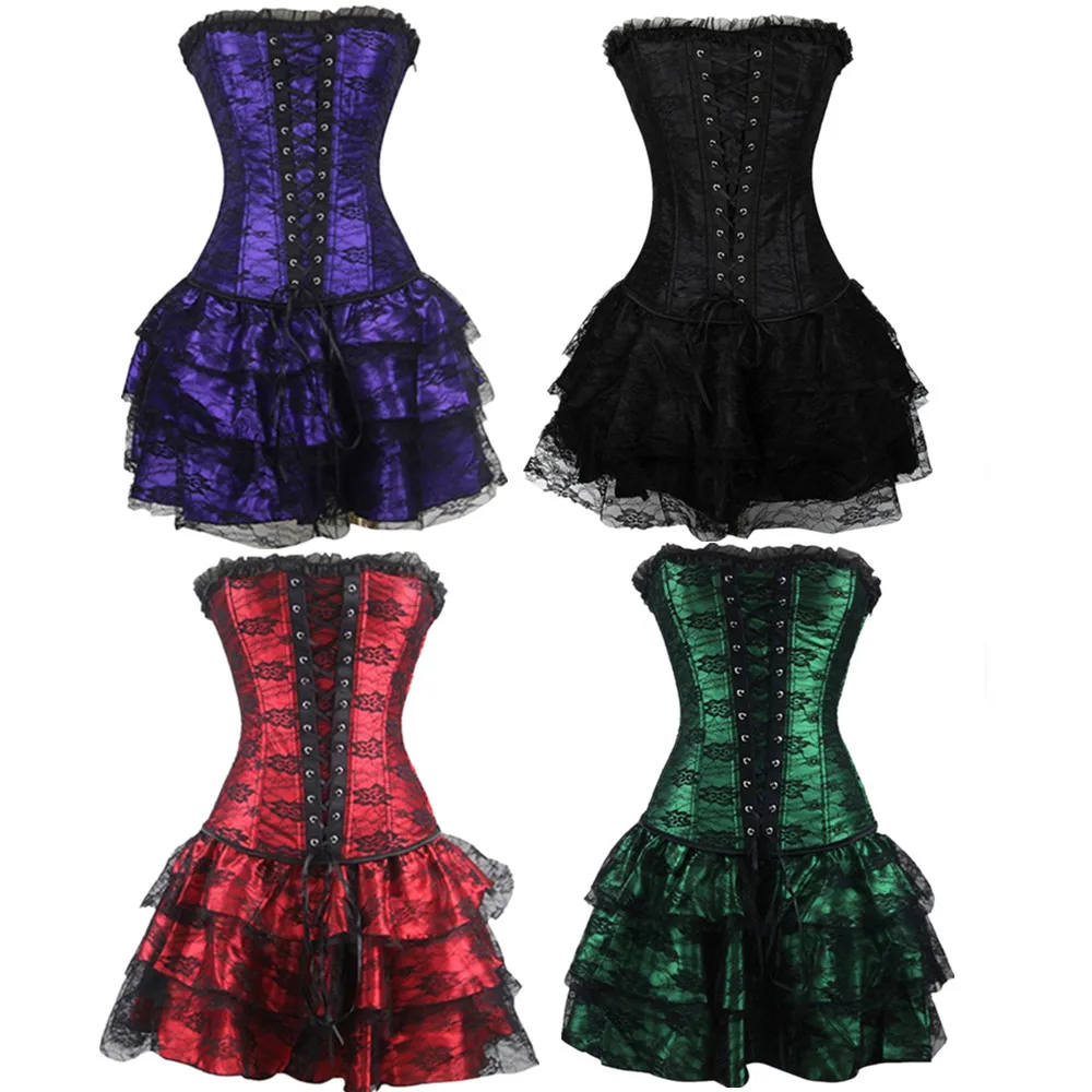 

Overbust Corset Dress for Women Plus Size Corsets Bustiers Lingerie Sexy Lace Overlay Burlesque Corset and Skirt Set Tutu