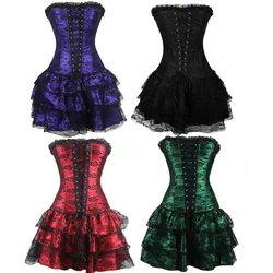 Overbust Corset Dress for Women Plus Size Corsets Bustiers Lingerie Sexy Lace Overlay Burlesque Corset and Skirt Set Tutu