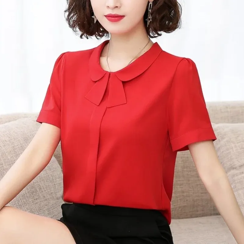 Summer Women\'s Solid Color Round Neck Pullover Bow Short Sleeve Chiffon T-shirt All-match Korean Comfortable Elegant Tops