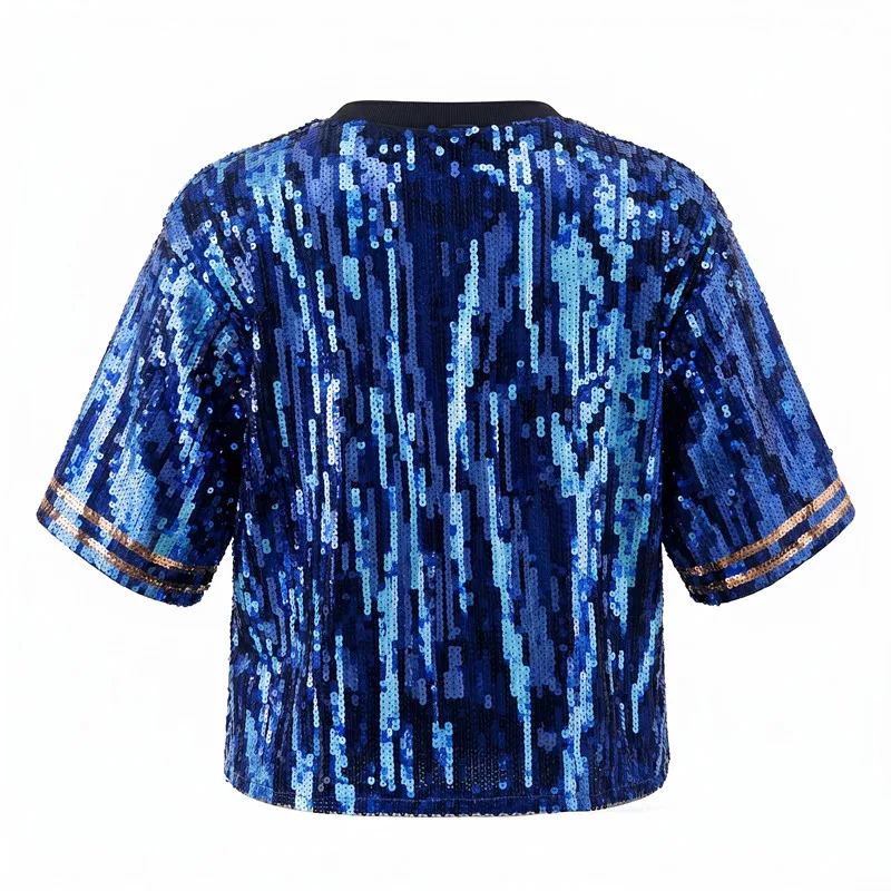 Summer New Fashion Rugby Print Sequin Women Short Sleeved T-shirt Round Neck Female Casual Short Tops
