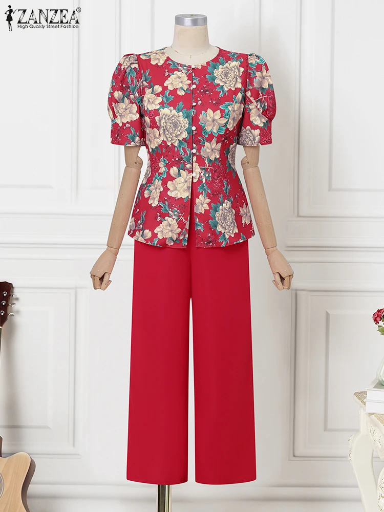 

Плюс размер 5XL ZANZEA Богемные женские комплекты брюк 2025 Летние рубашки с короткими рукавами с цветочным принтом и однотонные длинные брюки Праздничные комплекты из 2 предметов