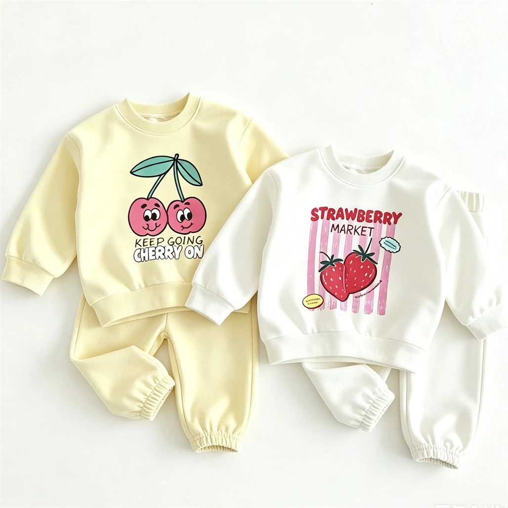 Fruit Print Sweatshirts+Pants Two Piece Set Cherry Strawberry Tops White Yellow Sweatpants Autumn Costume Children's Outfits