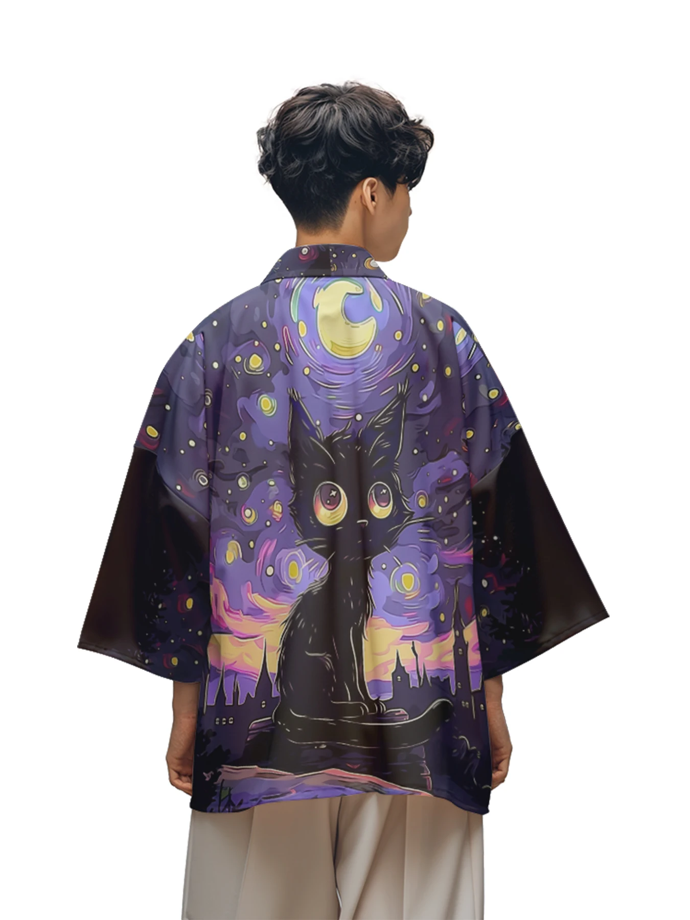 Classic Versatile Model Deep Hollow Kitten Oil Painting Feather Woven Men's Country Fashion Design Casual Dojo Kimono Mens Tops