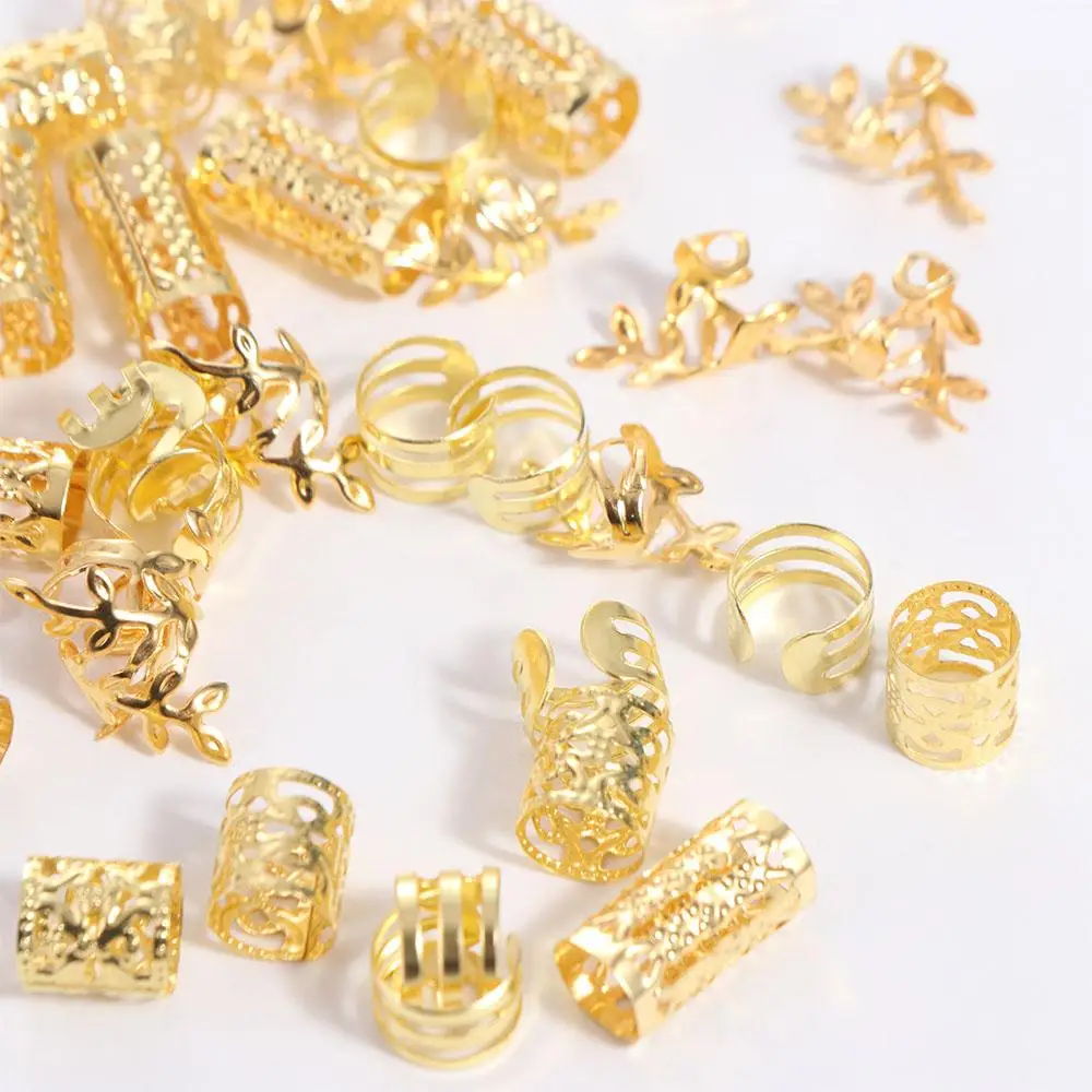 

40PCS Metal Cuff Clips Mixed Hair Rings Set Hair Braiding Headwear Dreadlocks Beads Gold and Silver Charm Hair Braid Tubes